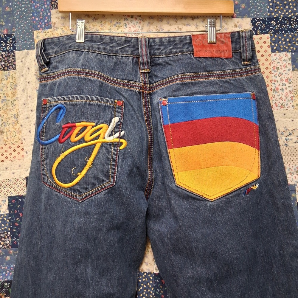 Y2K Coogi Baggy Jeans Mens Size 38x34 Rainbow Embroidered Hip Hop Skater